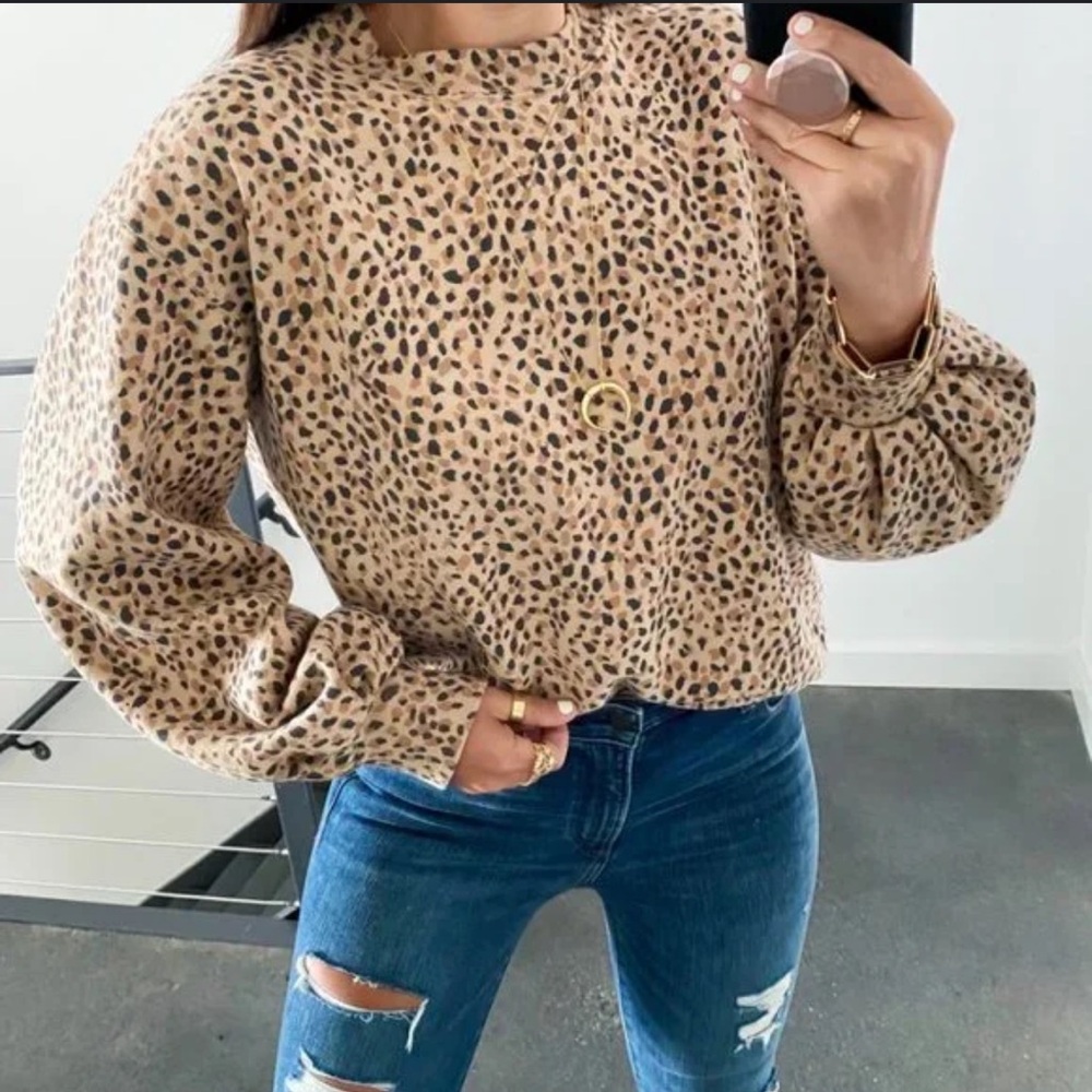 Abercrombie & Fitch | Brown Animal Print Crew Neck Sweatshirt Medium